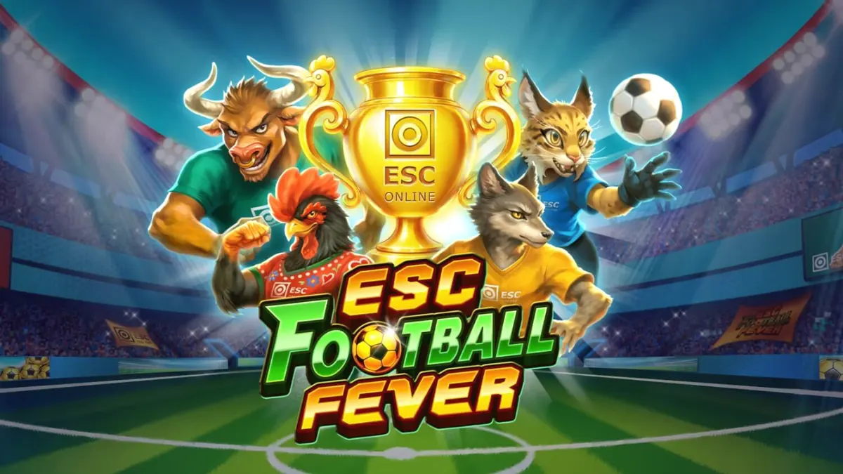 ESC Football Fever স্লট গেমের স্টেডিয়াম থিম এবং খেলার দৃশ্য